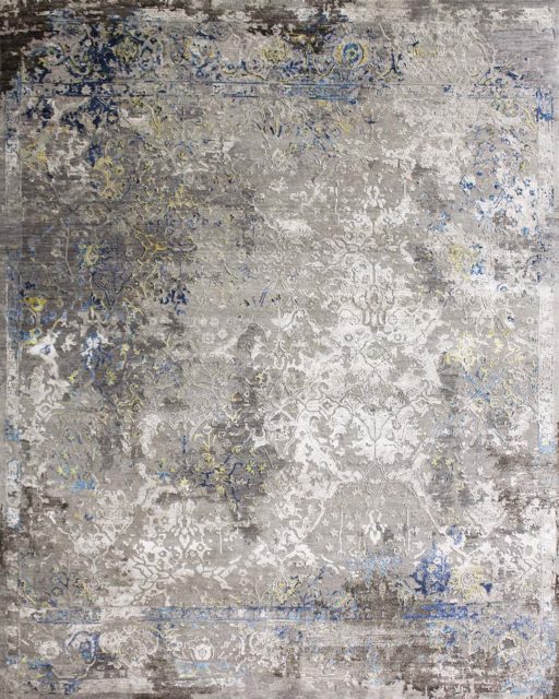 Overhead image of distressed Bensen rug in grey colour