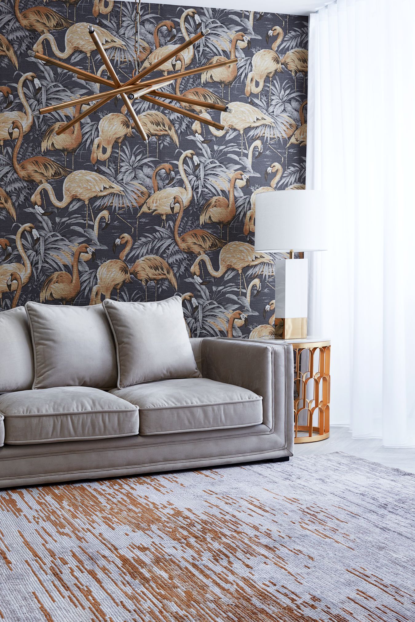 Living room image of distressed Bilby rug in bronze colour