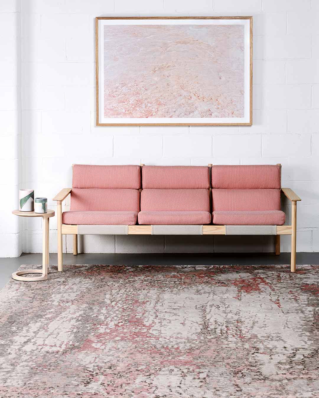 Living room image of distressed Flavia rug in pink colour