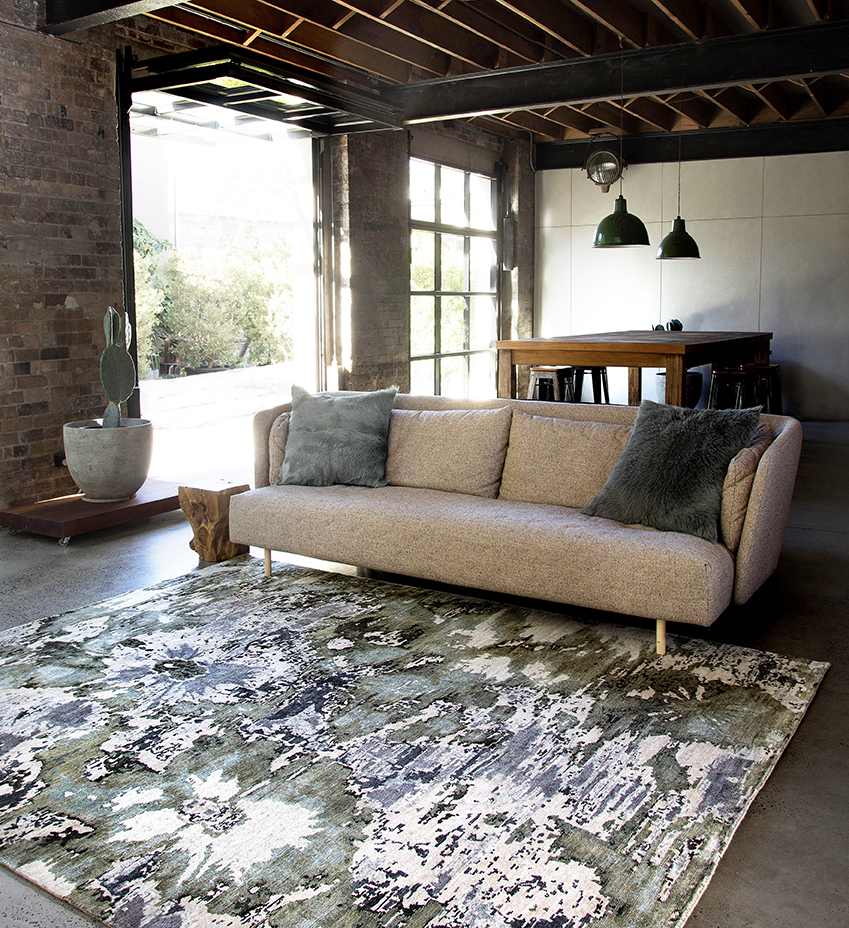 location view of floral Fleur rug in green colour