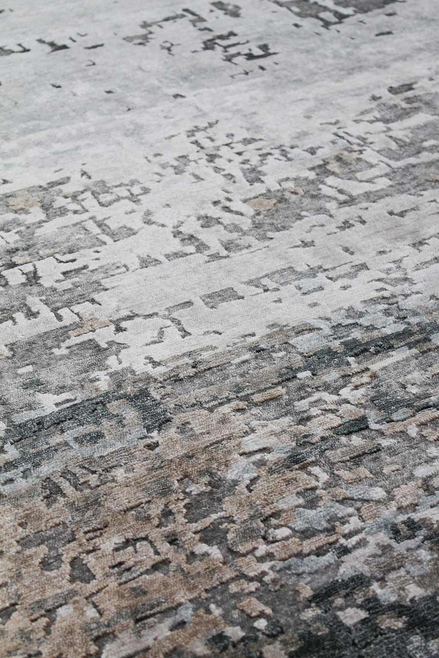 Detailed image of distressed Orion rug in grey and blue colour