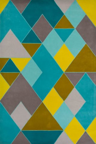 Detailed view of our geometric patterned Huxley rug in teal and yellow.