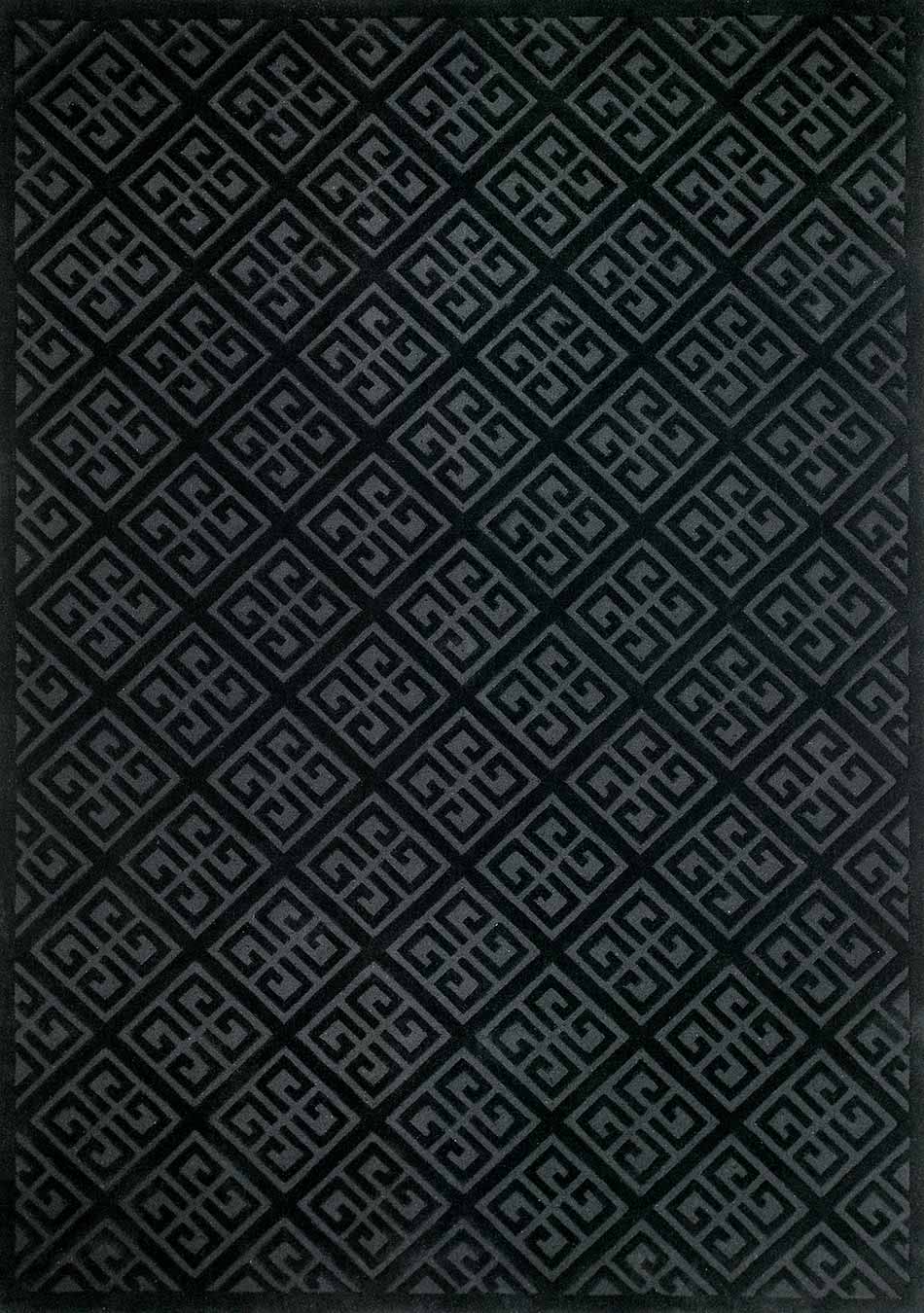 Detailed look at Keylock, a geometric patterned rug in black and charcoal