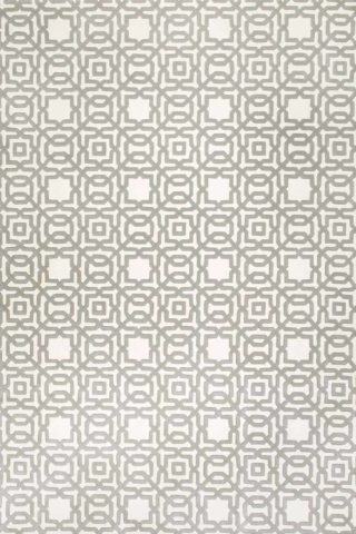 Overhead, detailed view of the classic, geometric patterns of our Leon rug un white and light grey