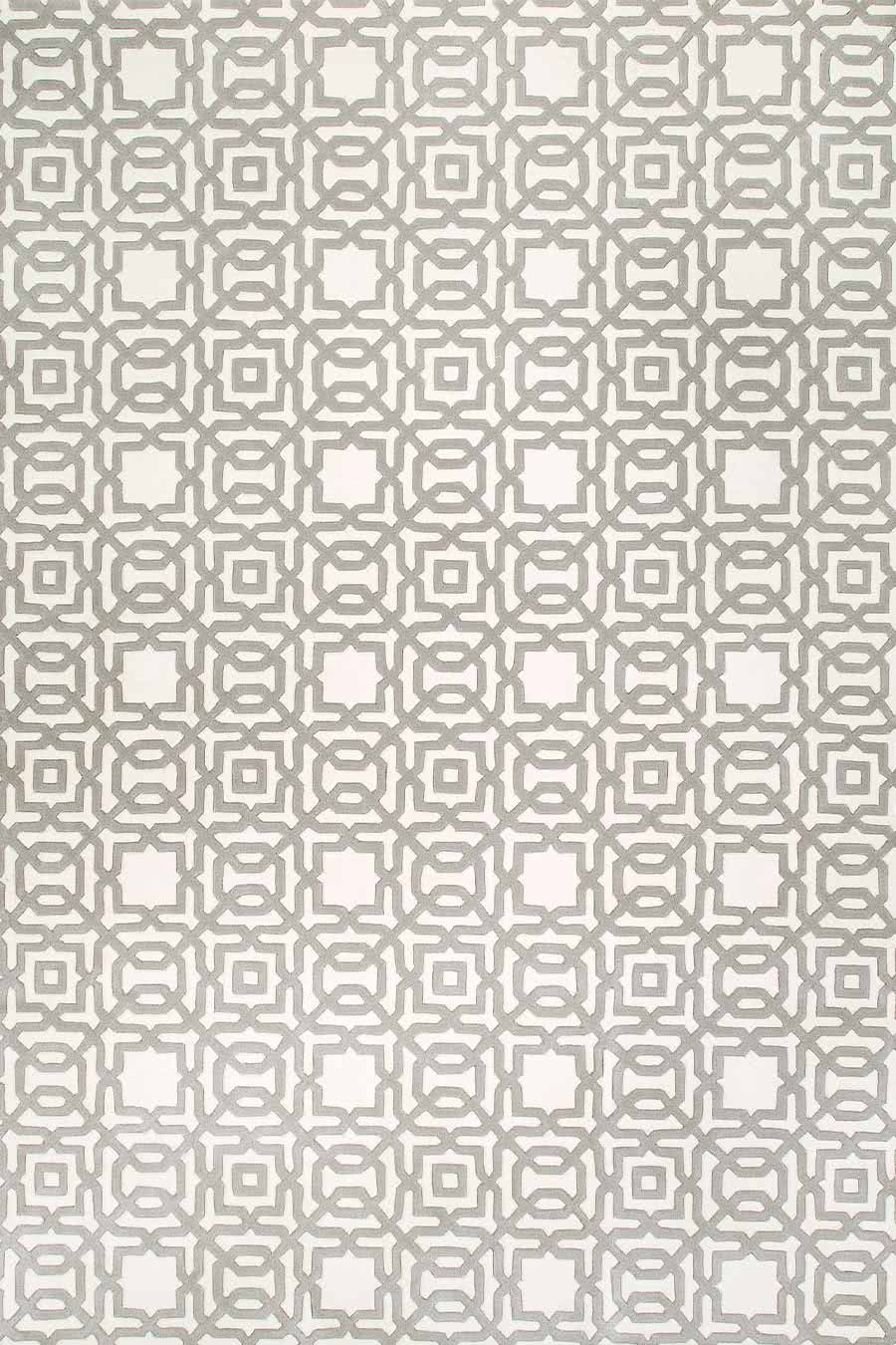 Overhead, detailed view of the classic, geometric patterns of our Leon rug un white and light grey