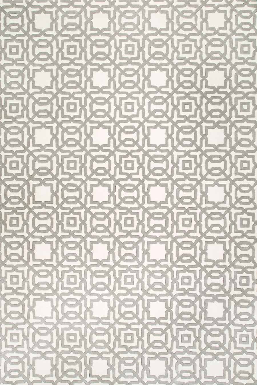 Overhead, detailed view of the classic, geometric patterns of our Leon rug un white and light grey