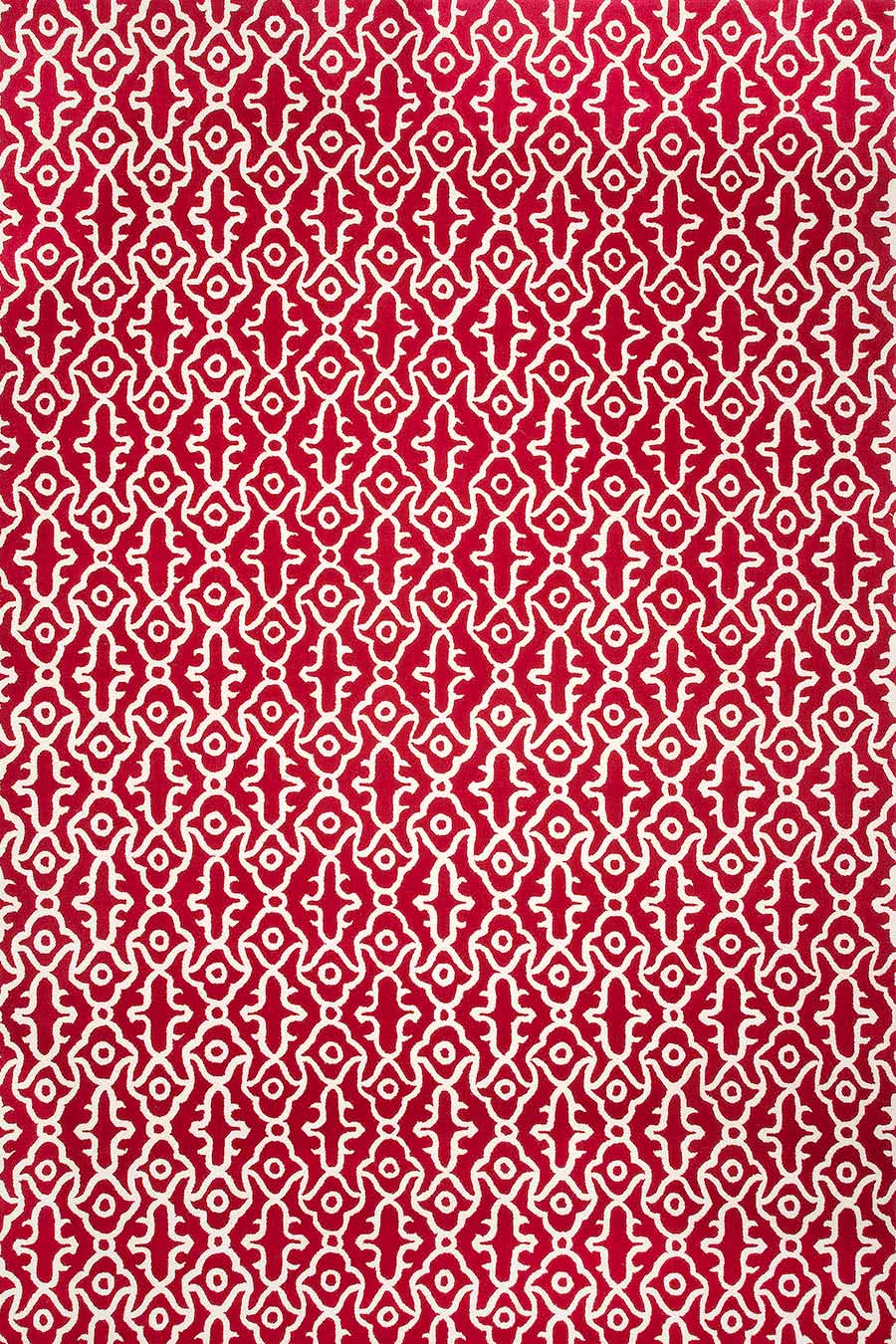 Detailed view of our patterned Morooco rug design in stunning red with white lines.
