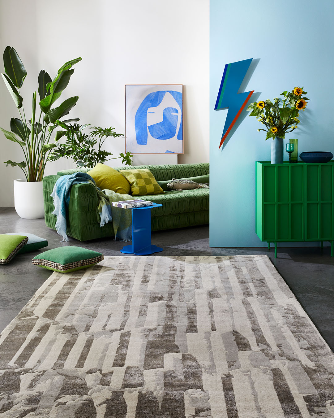 living room image of textural Basalt rug in silver grey colour