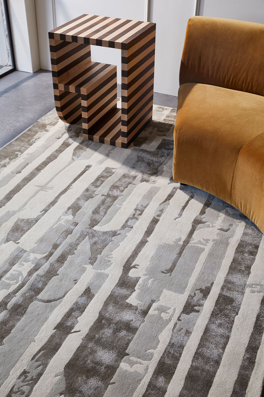 styled image of textural Basalt rug in silver grey colour