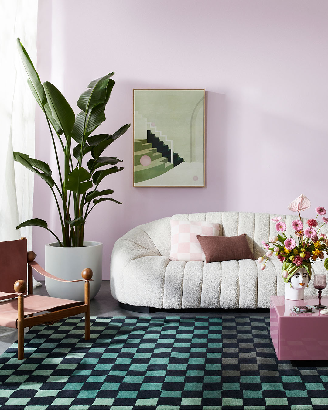 living room image of checkered Checkmate rug in green