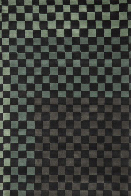 overhead image of checkered Checkmate rug in green