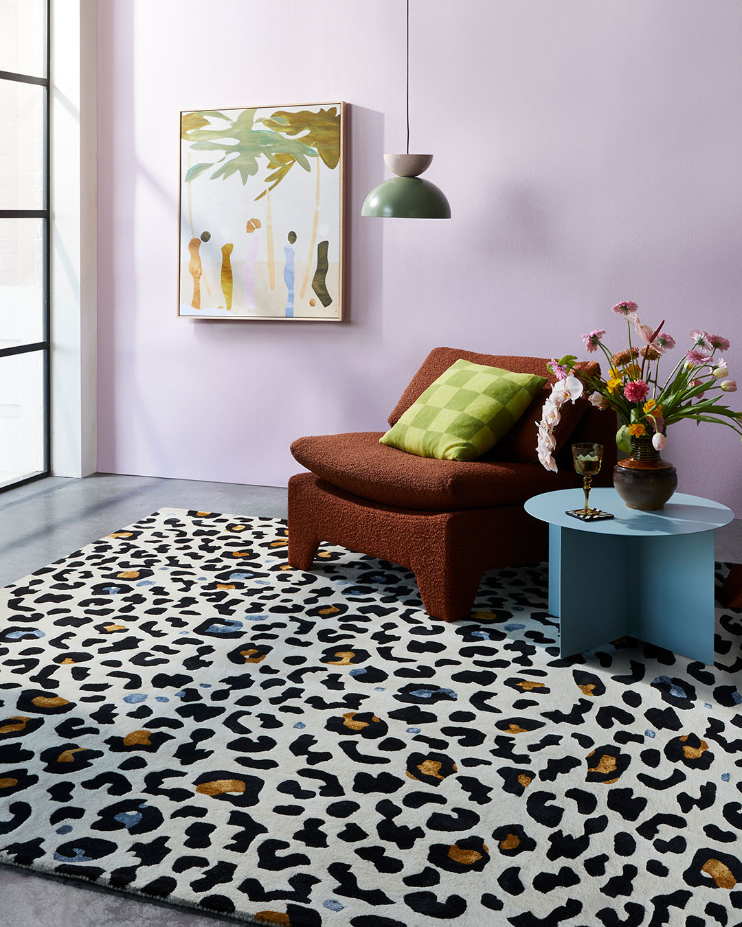 living room image of leopard print Donatella rug