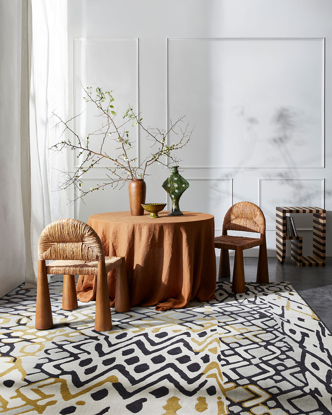 dining room image of tribal jacquard rug in beige colour