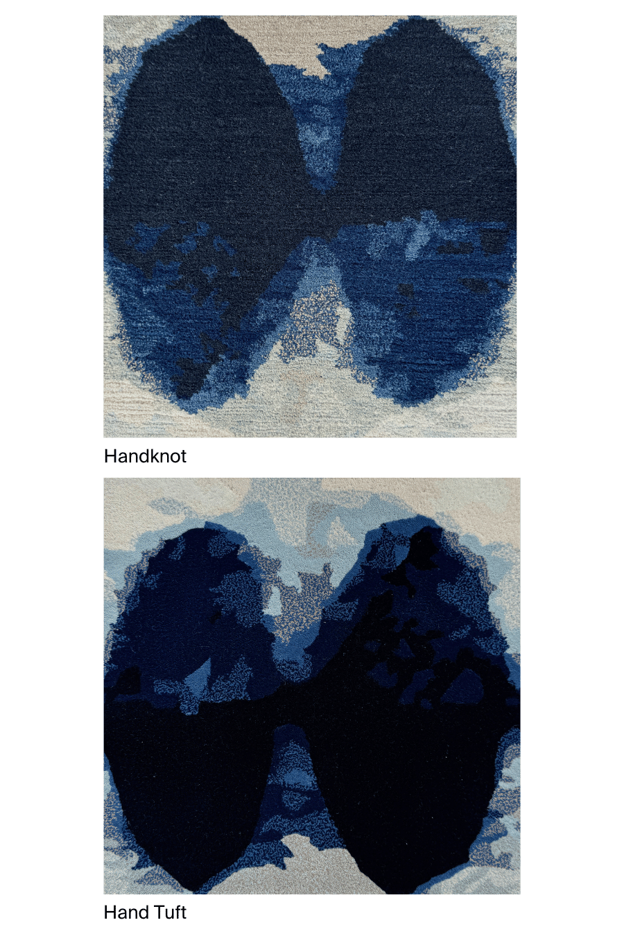 Close-up image of the Bori rug sample, showcasing both hand-knotted and hand-tufted techniques.
