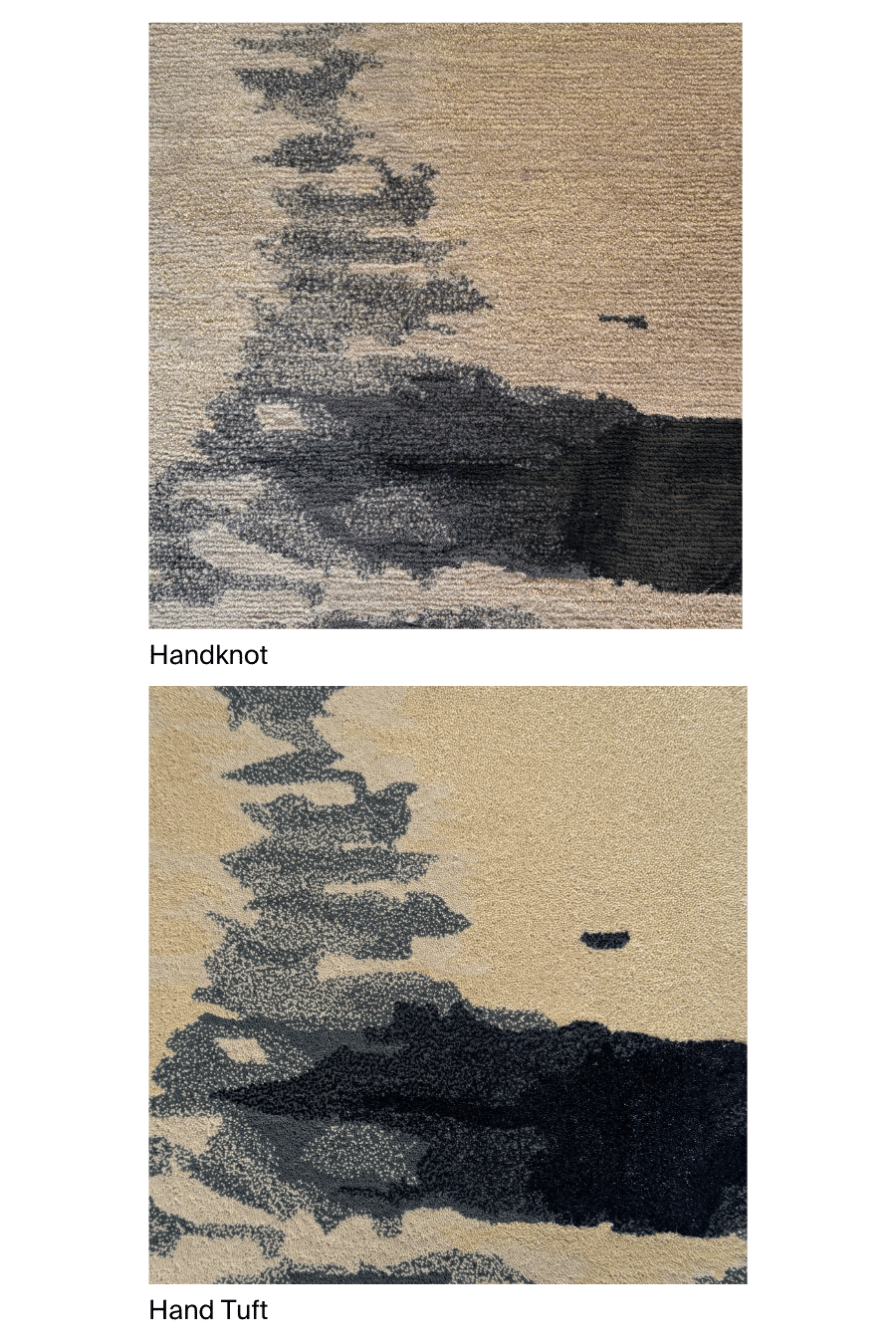 Close-up image of the Byron Bay rug sample, showcasing both hand-knotted and hand-tufted techniques.