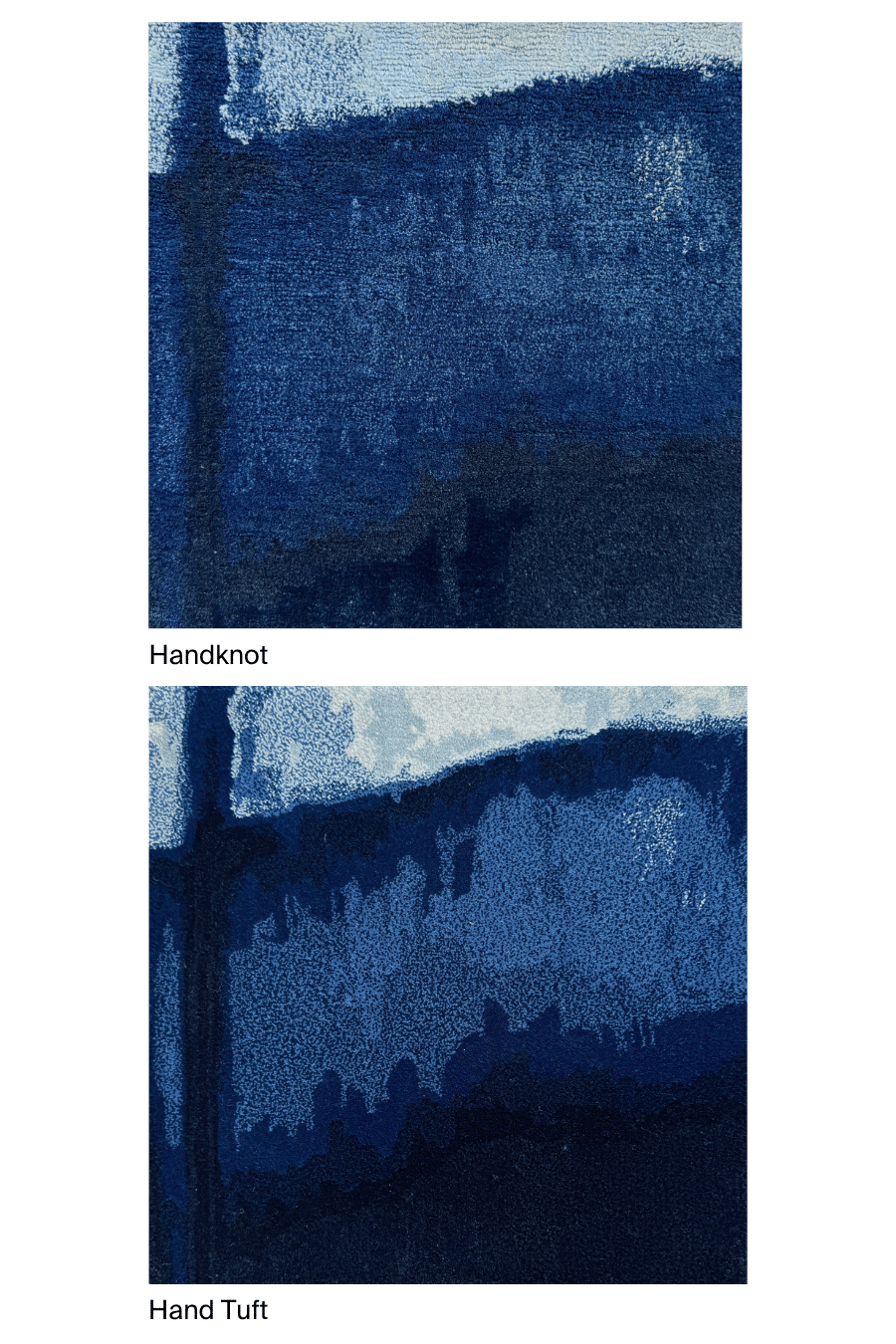 Close-up image of the Mountains-Dyed rug sample, showcasing both hand-knotted and hand-tufted techniques.
