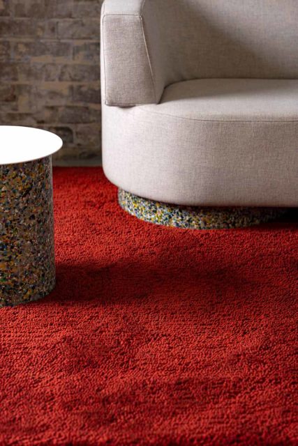 Living room view of textured Coral Shag rug in red colour